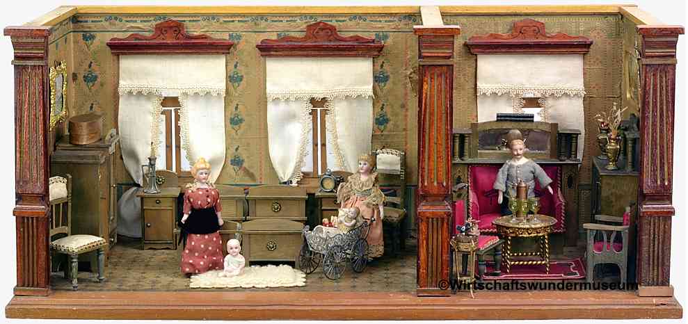 Antike Zwei-Zimmer-Puppenstube um 1880 mit Kinderzimmer, Puppenwiege und Salon mit roten Polstermöbeln