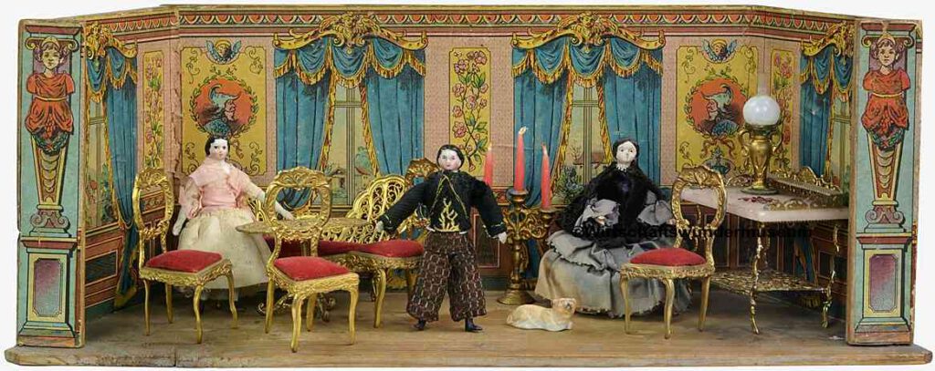 Antike Puppenstube um 1880 mit drei Puppen im neobarocken Salon